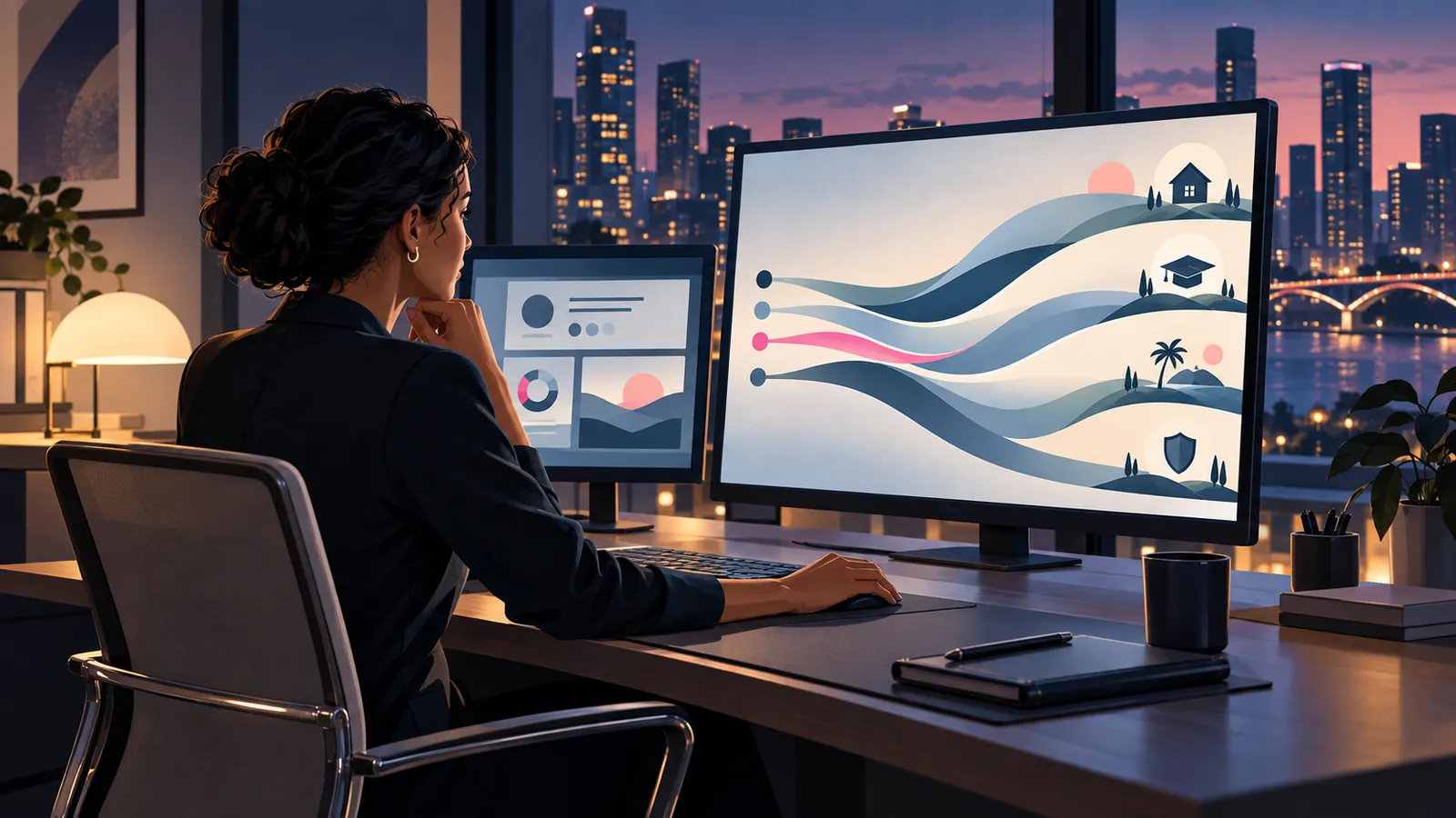 Financial advisor reviewing planning software at a desk in the evening