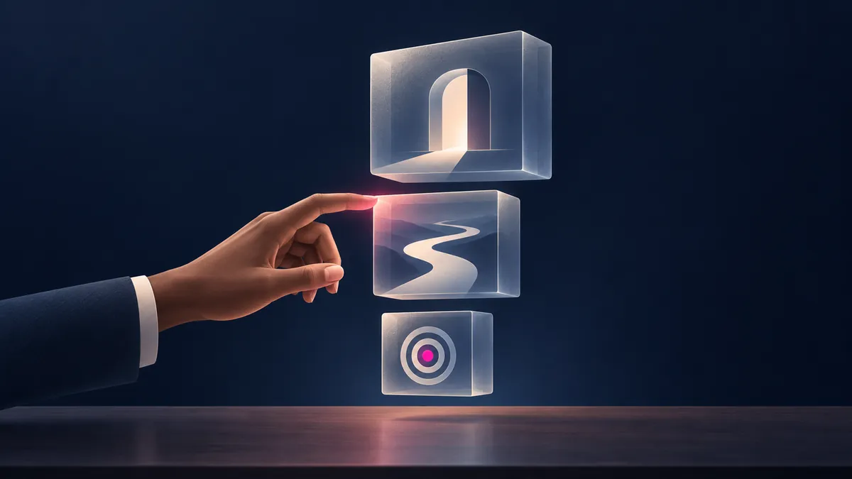 Three software tiers shown as stacked blocks, with a hand choosing one