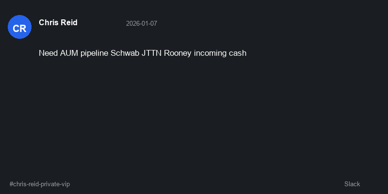 Slack message from Chris Reid about needing AUM pipeline for incoming Schwab and JTTN Rooney cash.