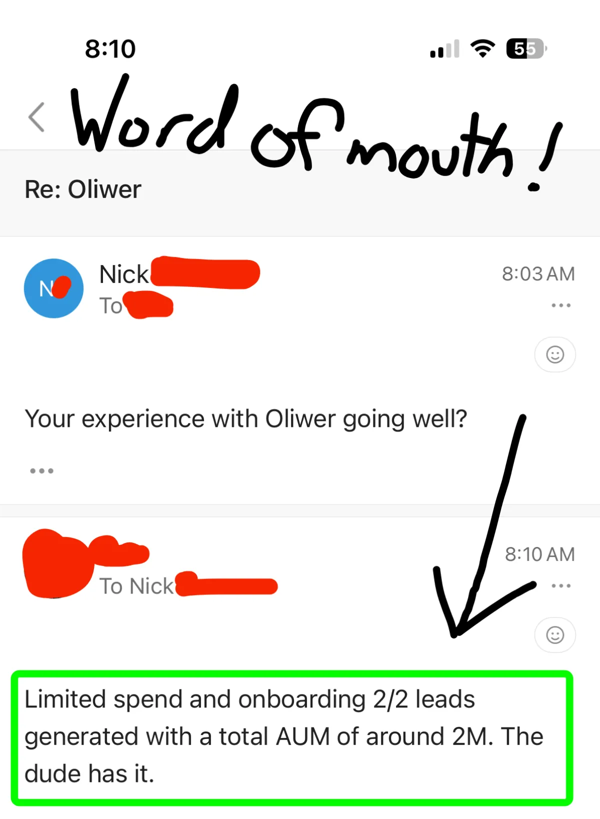 Phone screenshot of advisor direct messages asking to give OJay Media a five-star review