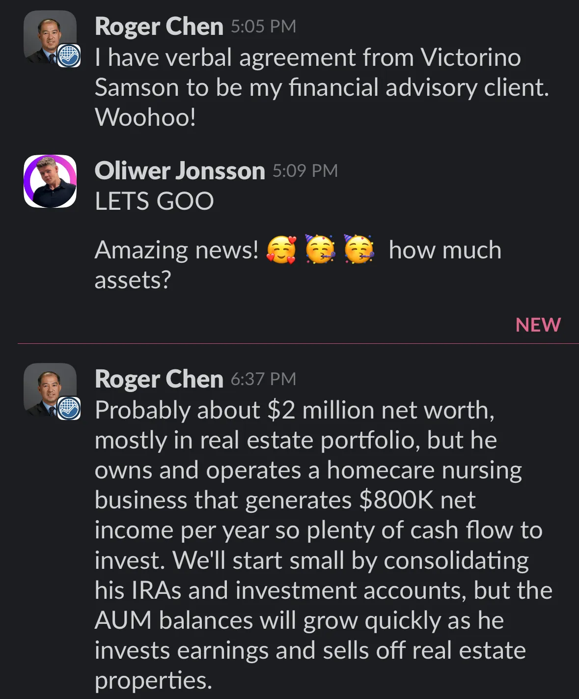 Screenshot of a partner advisor sending OJay Media a direct message about booked HNW appointments