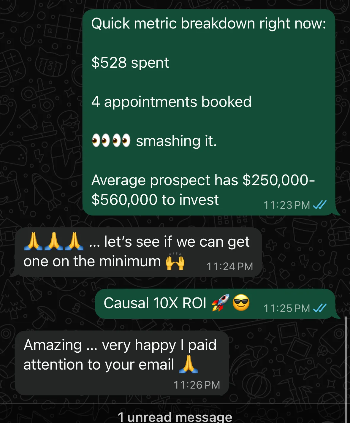Phone screenshot of a Canadian OJay Media partner advisor receiving YouTube inbound messages and booking 30-plus qualified meetings per month