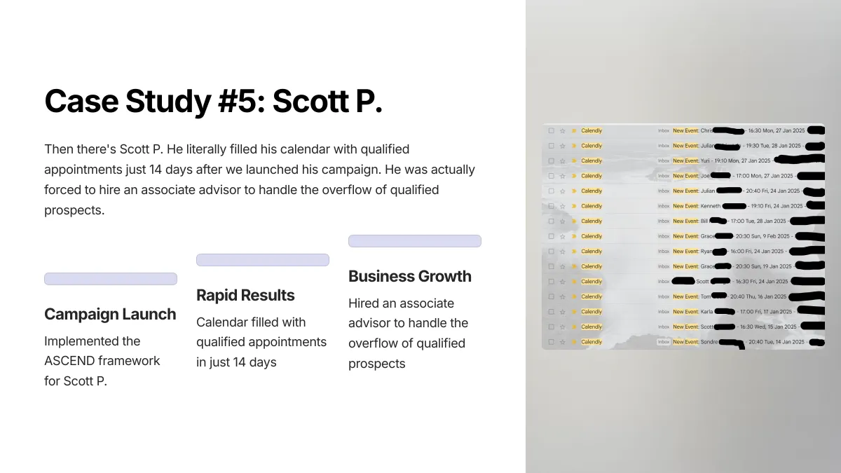 Screenshot showing a partner advisor's calendar filled with HNW prospect appointments within 14 days of launching with OJay Media, resulting in $4M AUM