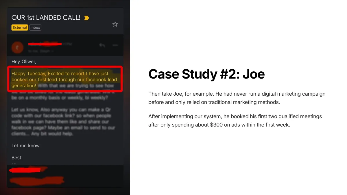 Screenshot of a sceptical veteran advisor booking two qualified meetings in the first week with OJay Media