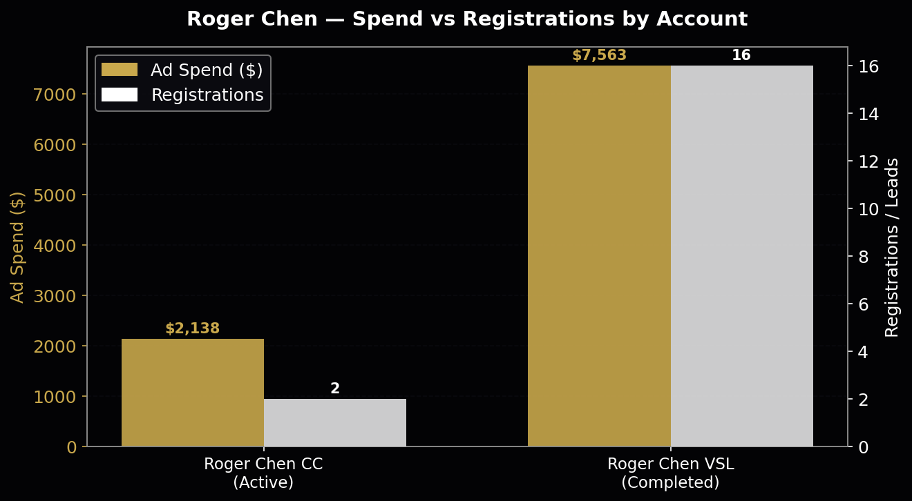 Meta Ads spend and delivery performance chart for Roger Chen VSL campaign