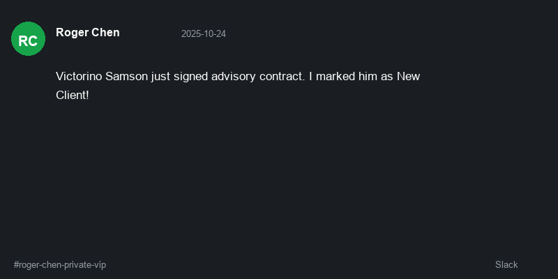 Slack message from Roger Chen announcing Victorino Samson signed advisory contract